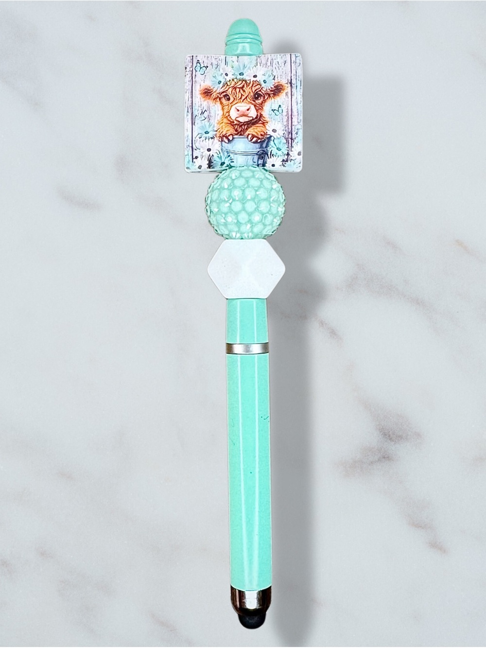 Highland Cow Mint Green Beaded Stylus & Pen